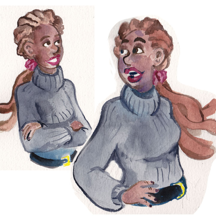 Watercolor sketches of Dielle in a nice gray sweater perfect for fall.