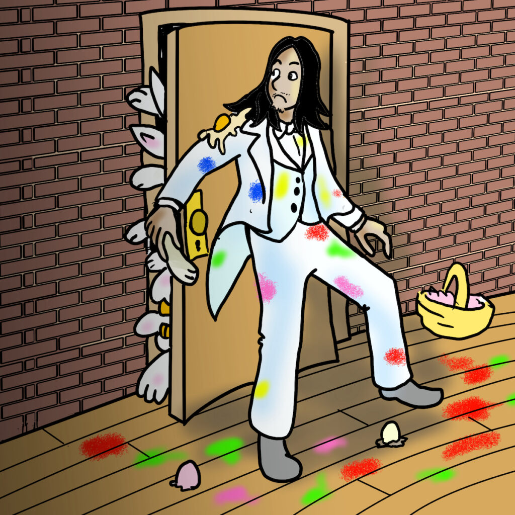 Kevin escapes mad bunnies after another Rhapsodies Easter story we never saw. door tuxedo